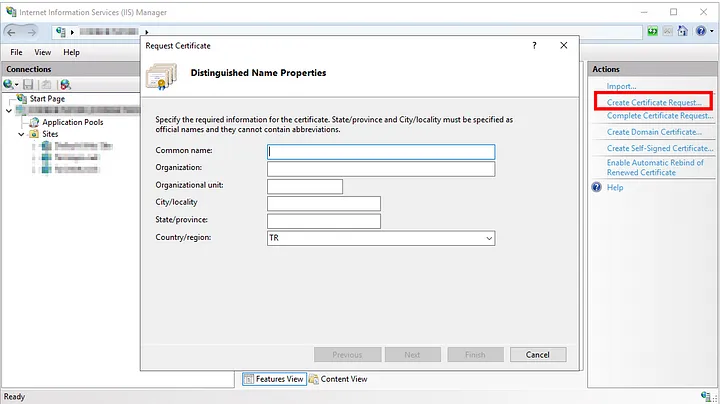 “Sertifika İsteği Oluştur” (Create Certificate Request)