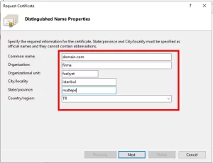 domain name, organization name, country, etc.